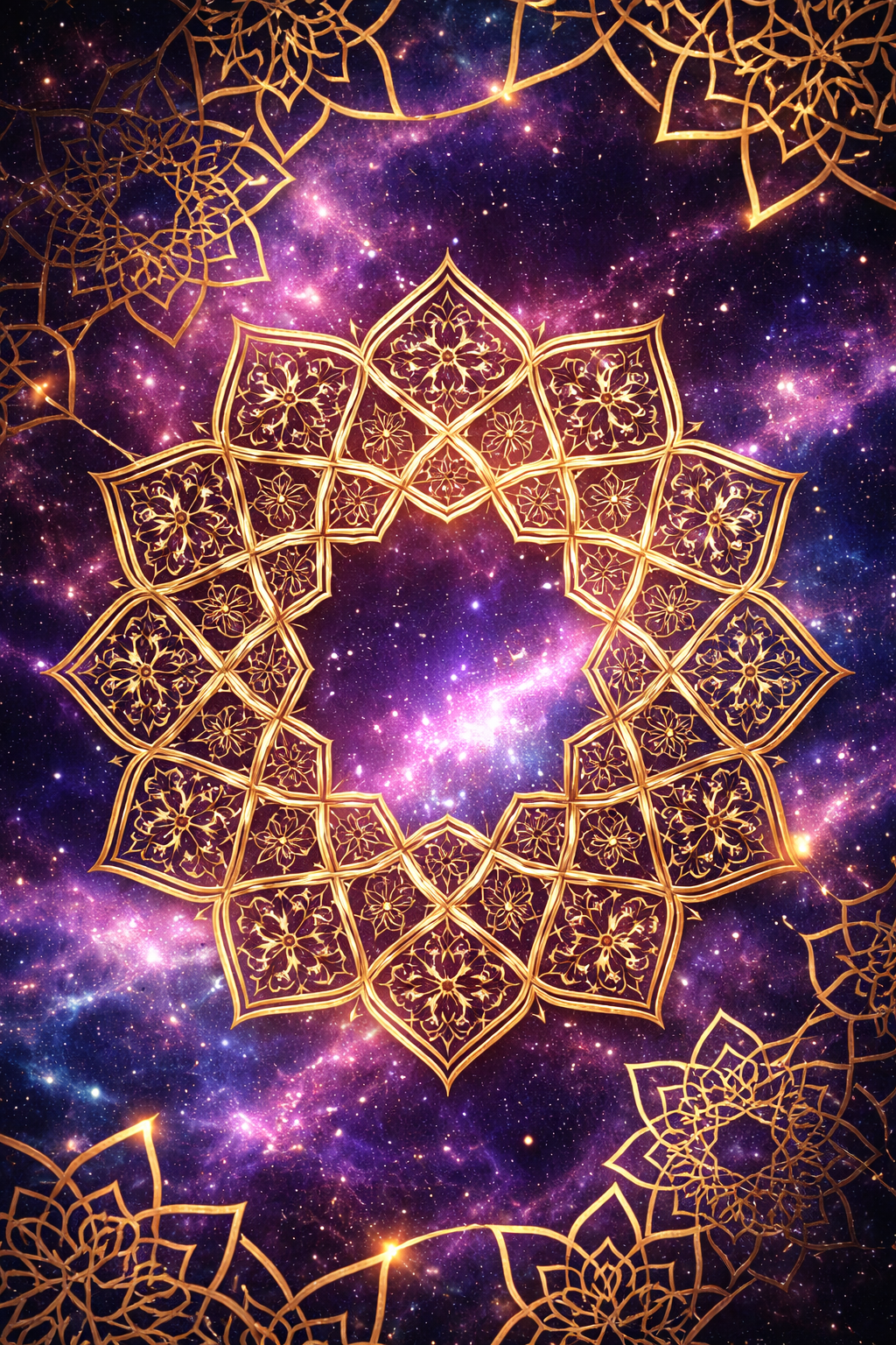 Galaxy deep space nebula in purple and blue with gold Islamic geometric star pattern overlay, interlocking stars floating over cosmic background -- SubhanAllah modern Islamic wallpaper HD